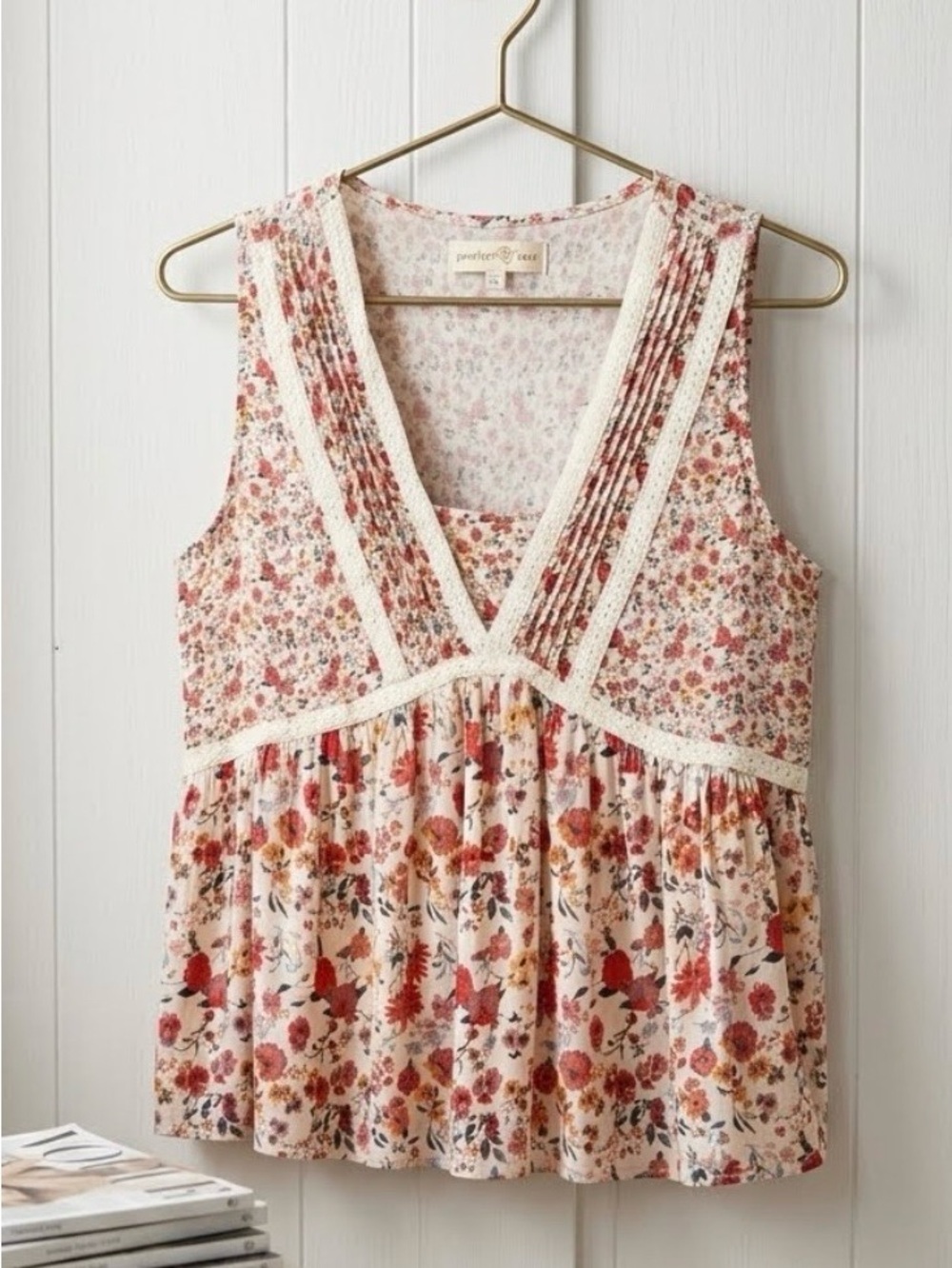 Penelope Rose Floral Sleeveless Blouse with Lace Trim
